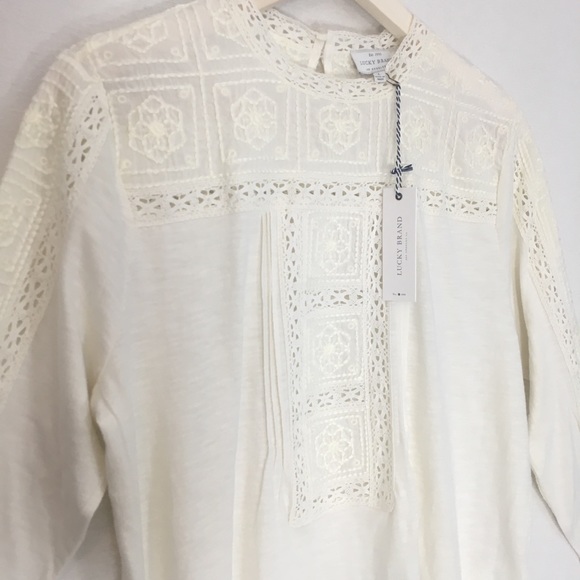 Lucky Brand Shirt cream blouse Embroidred Neck Top - Picture 3 of 8